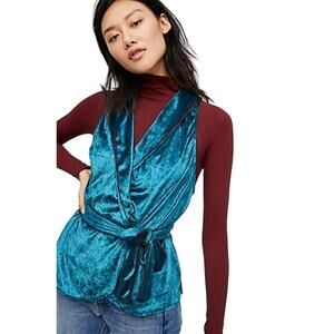 Free People Sleeveless Velvet Wrap Top Size S Blue Stretch Collared Late Night